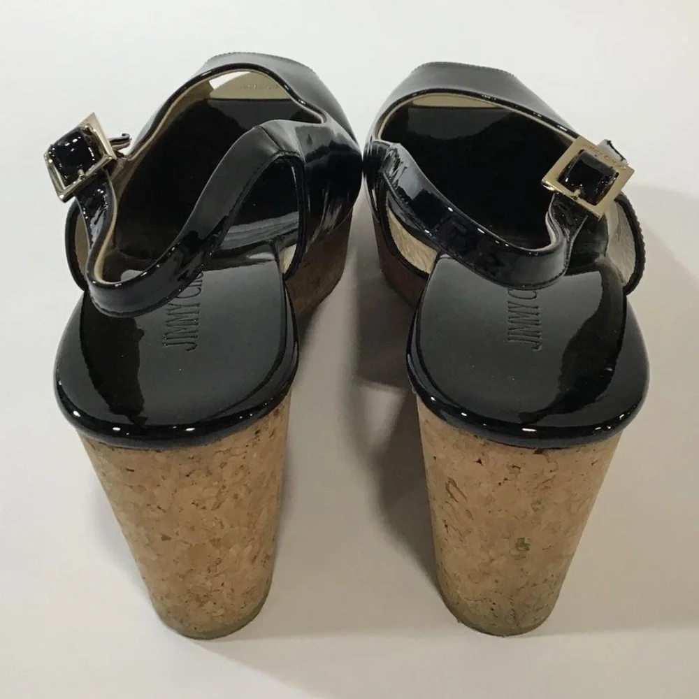Women’s Jimmy Choo Black Patent Peep Toe Slingback Cork Wedges Size 41